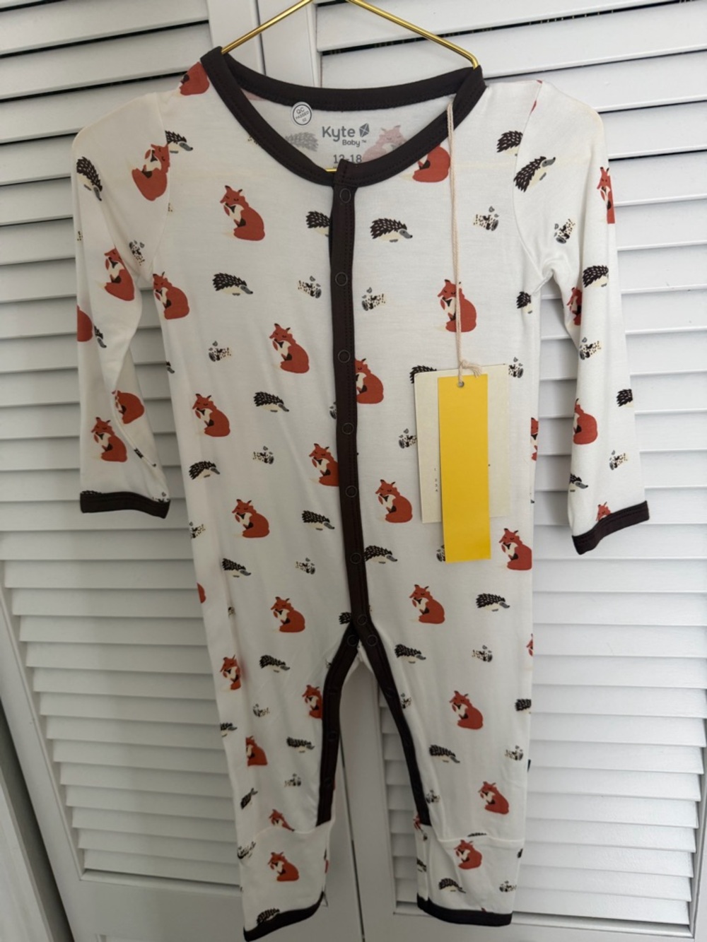 Kyte BABY Cream Bamboo Fox Print Footless Romper with Brown Trim